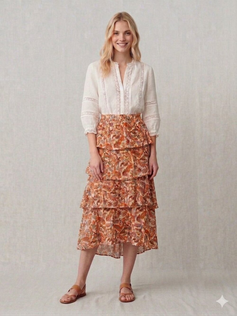 Maje Orange Paisley Tiered Cotton High-Low Midi Skirt Size 34 (US XS) Boho NWOT